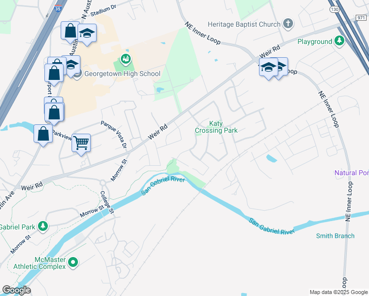 map of restaurants, bars, coffee shops, grocery stores, and more near 206 River Park Lane in Georgetown