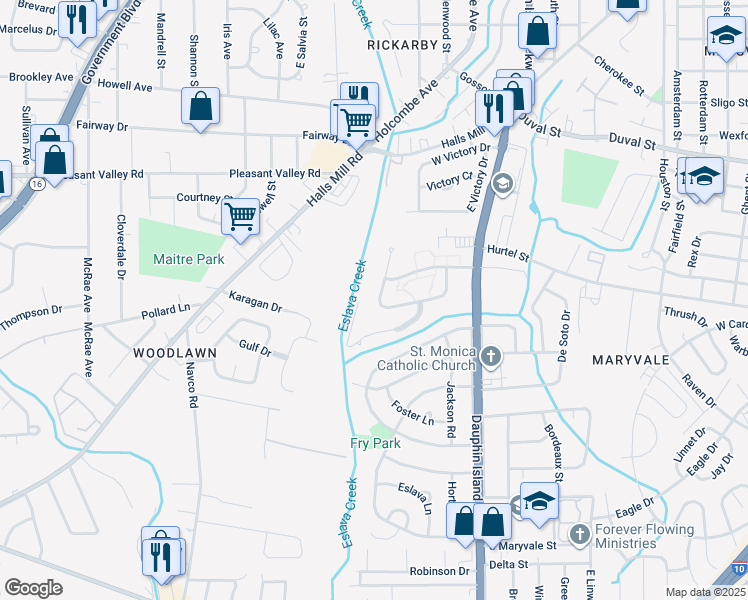 map of restaurants, bars, coffee shops, grocery stores, and more near 1058 West Woodlawn Drive in Mobile