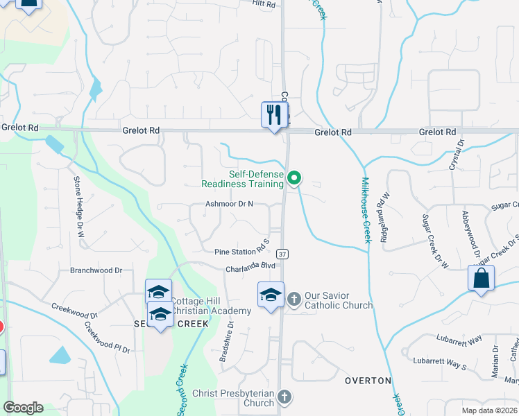 map of restaurants, bars, coffee shops, grocery stores, and more near 7165 Ashmoor Drive North in Mobile