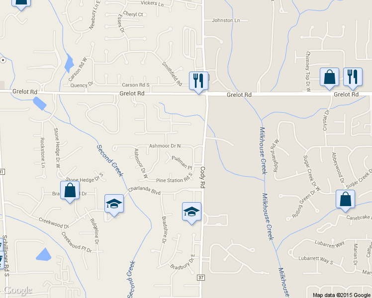 map of restaurants, bars, coffee shops, grocery stores, and more near 7165 Ashmoor Drive North in Mobile