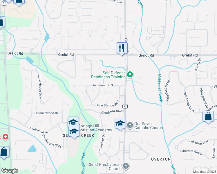 map of restaurants, bars, coffee shops, grocery stores, and more near 7201 Ashmoor Drive North in Mobile
