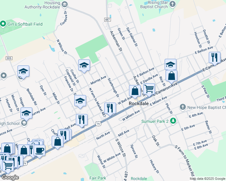 map of restaurants, bars, coffee shops, grocery stores, and more near 439 Scarbrough Street in Rockdale