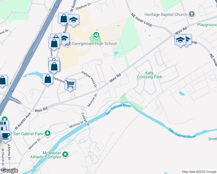 map of restaurants, bars, coffee shops, grocery stores, and more near 650 Weir Road in Georgetown