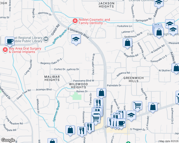 map of restaurants, bars, coffee shops, grocery stores, and more near 1601 Charmey Street in Mobile