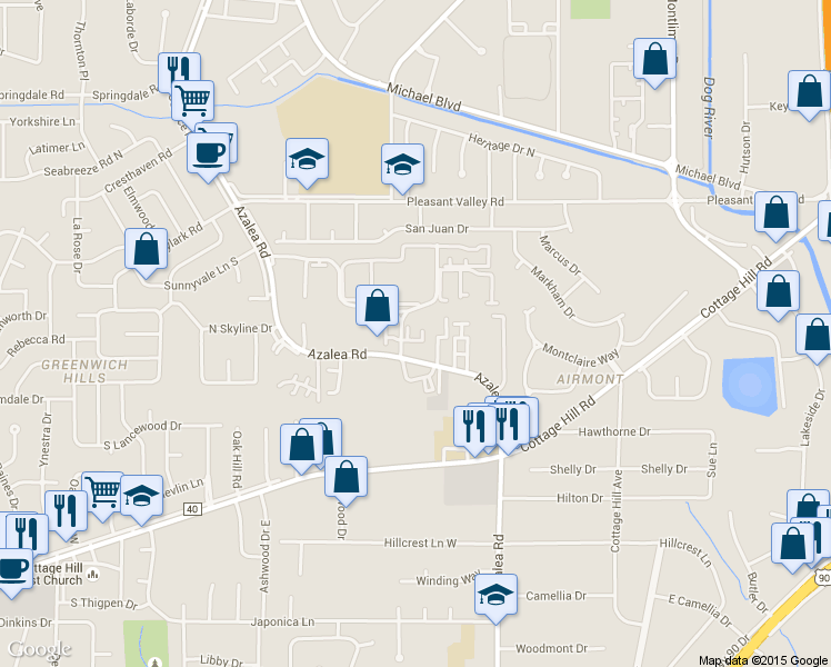 map of restaurants, bars, coffee shops, grocery stores, and more near 639 Azalea Road in Mobile