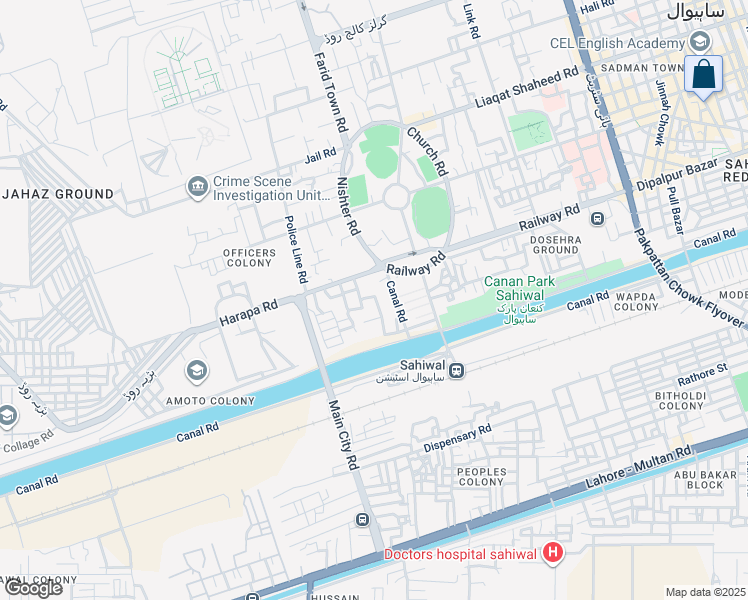 map of restaurants, bars, coffee shops, grocery stores, and more near Railway Road in Sahiwal