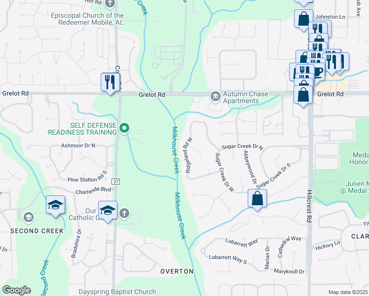 map of restaurants, bars, coffee shops, grocery stores, and more near 1624 Ridgeland Road West in Mobile