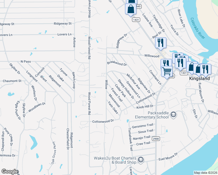 map of restaurants, bars, coffee shops, grocery stores, and more near 1803 Forest Trail in Kingsland
