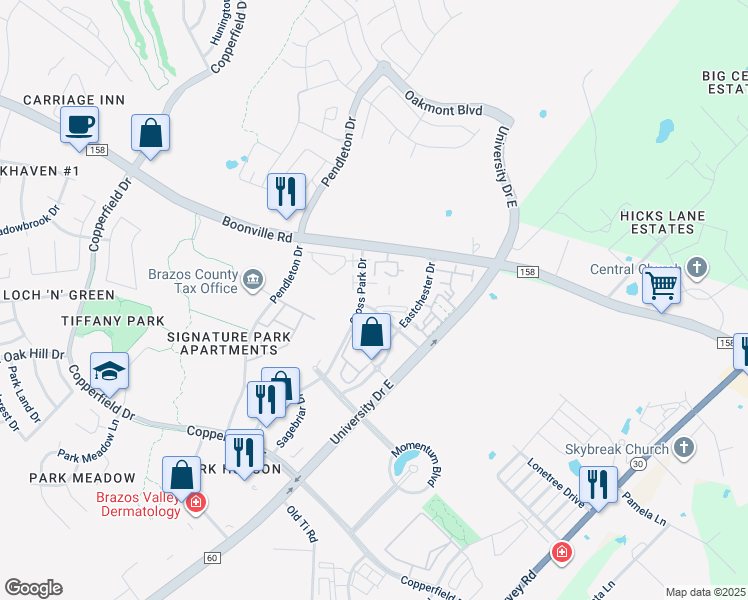 map of restaurants, bars, coffee shops, grocery stores, and more near 3801 East Crest Drive in Bryan