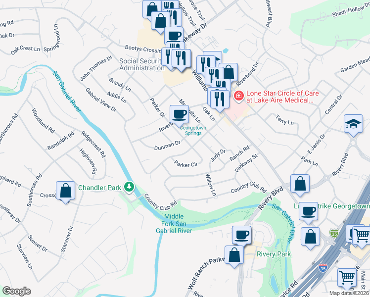 map of restaurants, bars, coffee shops, grocery stores, and more near 2404 Parker Circle in Georgetown