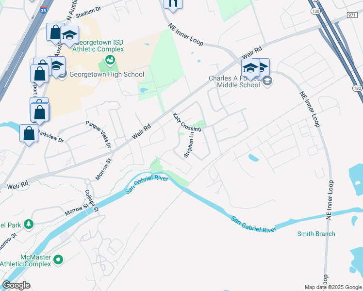 map of restaurants, bars, coffee shops, grocery stores, and more near 131 River Park Lane in Georgetown