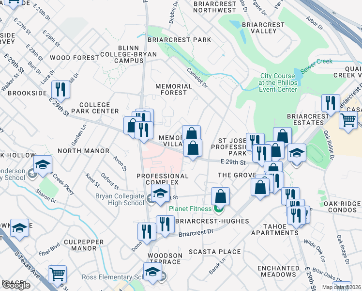 map of restaurants, bars, coffee shops, grocery stores, and more near 2729A East 29th Street in Bryan