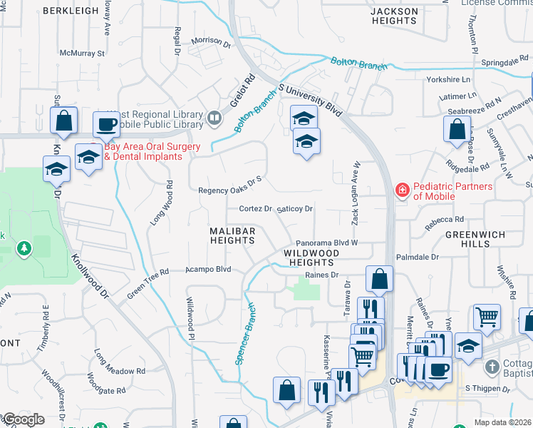 map of restaurants, bars, coffee shops, grocery stores, and more near 5405 Cortez Dr in Mobile