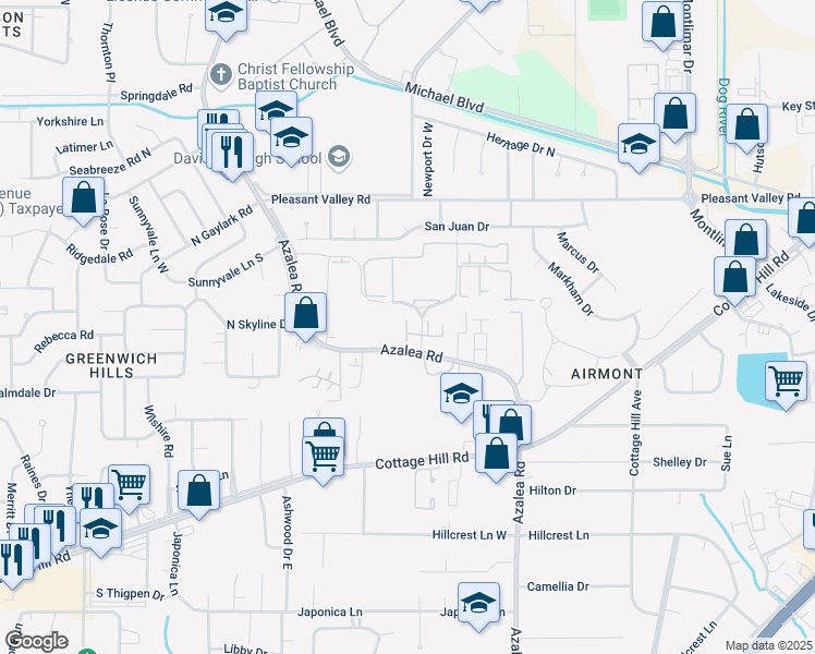 map of restaurants, bars, coffee shops, grocery stores, and more near 635 Azalea Road in Mobile