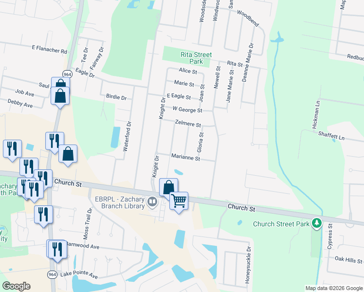 map of restaurants, bars, coffee shops, grocery stores, and more near 5036 Queen's Carriage Street in Zachary