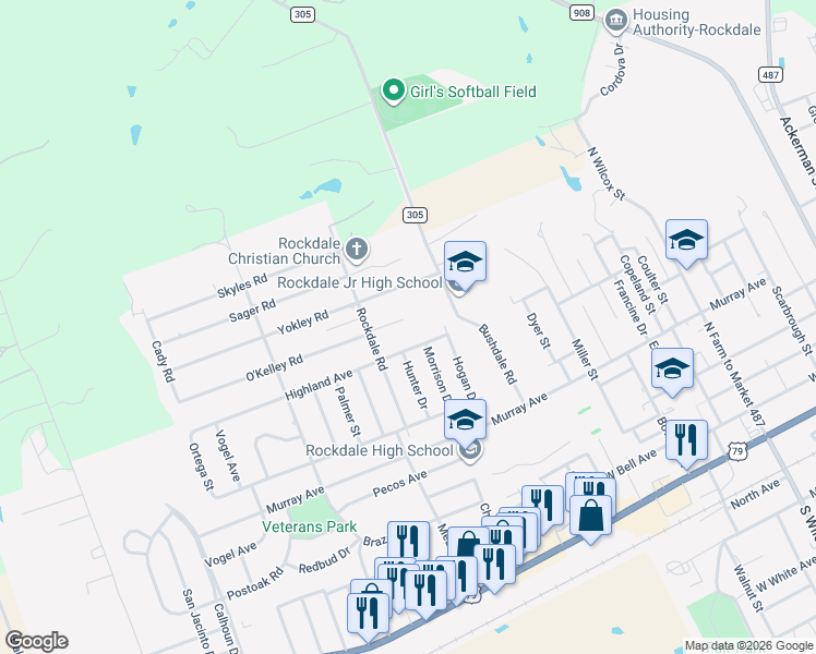map of restaurants, bars, coffee shops, grocery stores, and more near 1302 Highland Avenue in Rockdale
