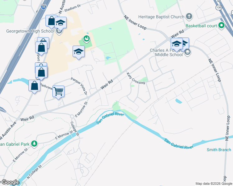 map of restaurants, bars, coffee shops, grocery stores, and more near 305 Deep Creek Drive in Georgetown