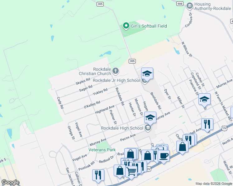 map of restaurants, bars, coffee shops, grocery stores, and more near 1501 O'Kelley Road in Rockdale