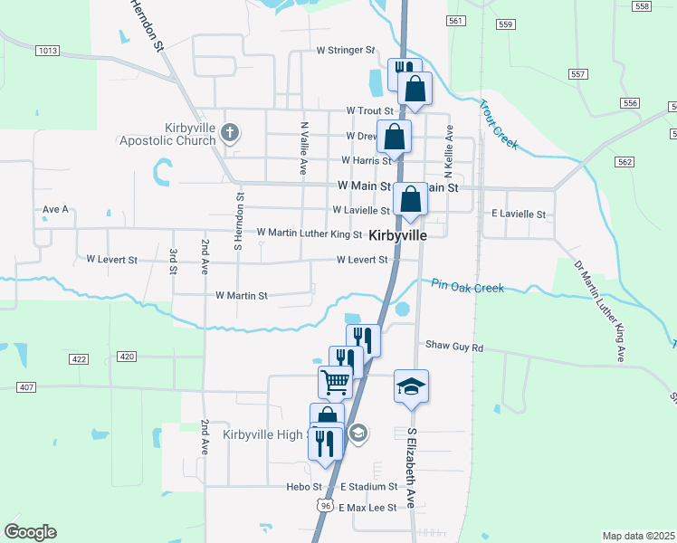 map of restaurants, bars, coffee shops, grocery stores, and more near 101-447 W Levert St in Kirbyville