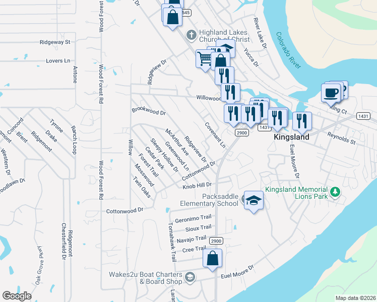 map of restaurants, bars, coffee shops, grocery stores, and more near 1910 McArthur Avenue in Kingsland