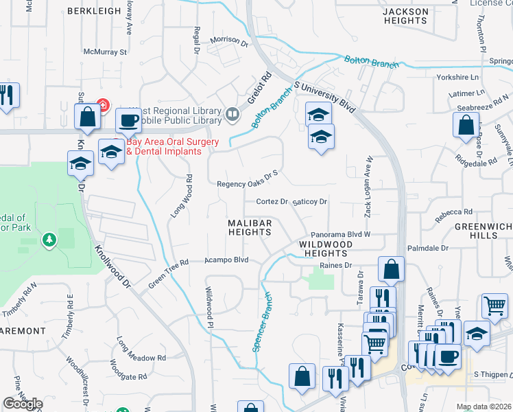 map of restaurants, bars, coffee shops, grocery stores, and more near 5519 Cortez Drive in Mobile
