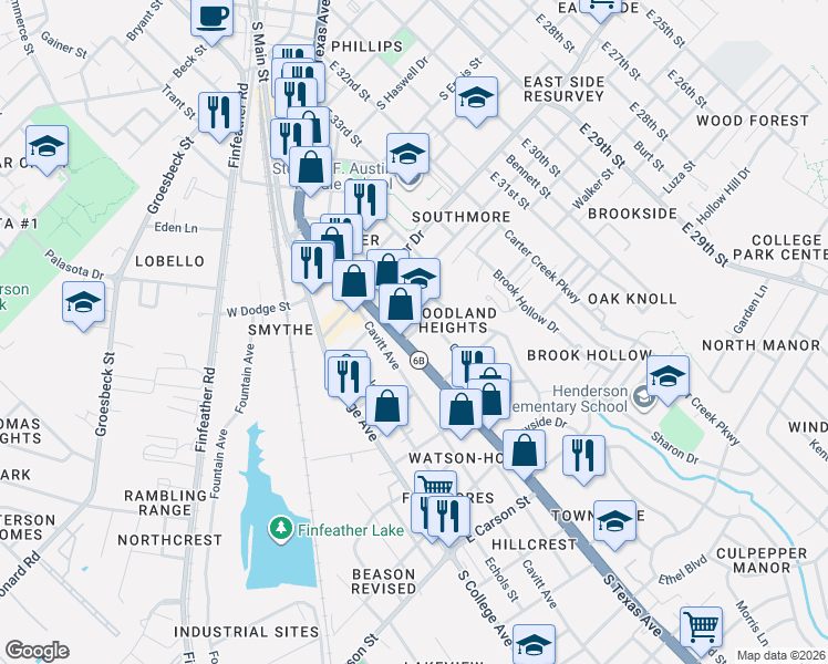 map of restaurants, bars, coffee shops, grocery stores, and more near 405 Bethel Ln in Bryan