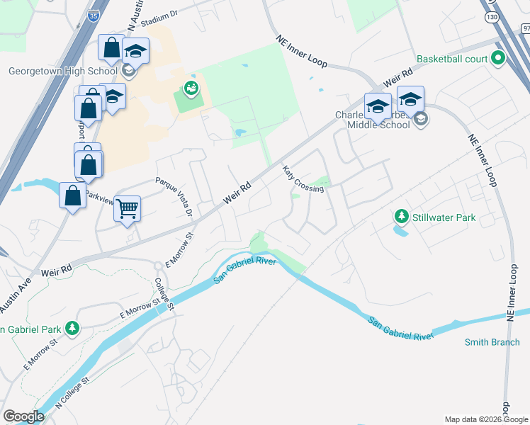 map of restaurants, bars, coffee shops, grocery stores, and more near 210 River Park Lane in Georgetown