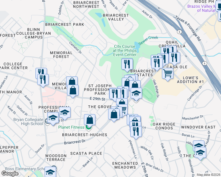map of restaurants, bars, coffee shops, grocery stores, and more near 3122 Camelot Drive in Bryan