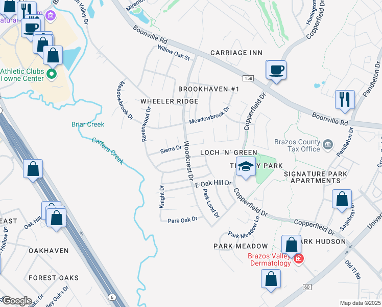 map of restaurants, bars, coffee shops, grocery stores, and more near 3801 Brighton Drive in Bryan