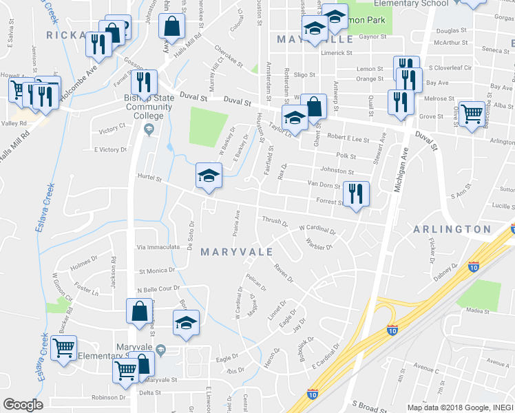 map of restaurants, bars, coffee shops, grocery stores, and more near 1599 Houston Street in Mobile