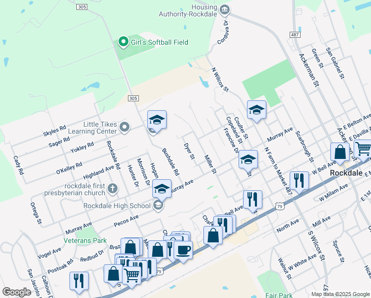 map of restaurants, bars, coffee shops, grocery stores, and more near 715 Dyer Street in Rockdale