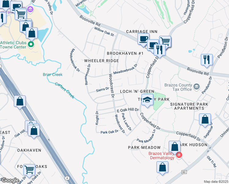 map of restaurants, bars, coffee shops, grocery stores, and more near 3801 Brighton Drive in Bryan