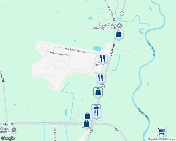 map of restaurants, bars, coffee shops, grocery stores, and more near 9485 Redwood Lake Boulevard in Zachary