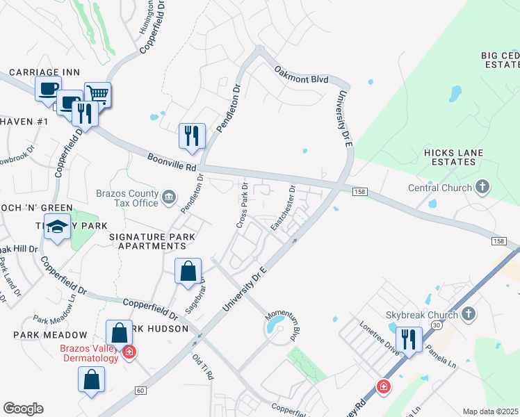 map of restaurants, bars, coffee shops, grocery stores, and more near 3801 East Crest Drive in Bryan