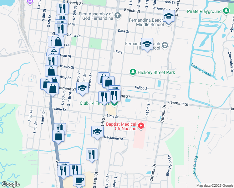 map of restaurants, bars, coffee shops, grocery stores, and more near 1011 Isle Of Palms Lane in Fernandina Beach