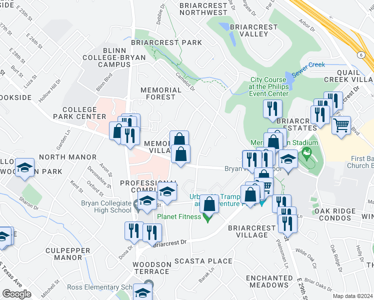 map of restaurants, bars, coffee shops, grocery stores, and more near 2405 Broadmoor Drive in Bryan
