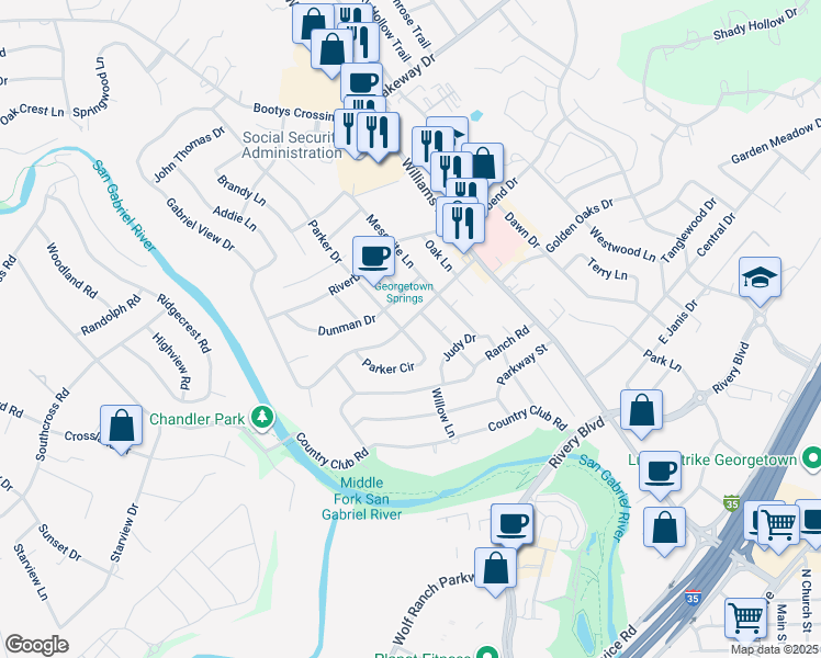 map of restaurants, bars, coffee shops, grocery stores, and more near 2404 Parker Circle in Georgetown