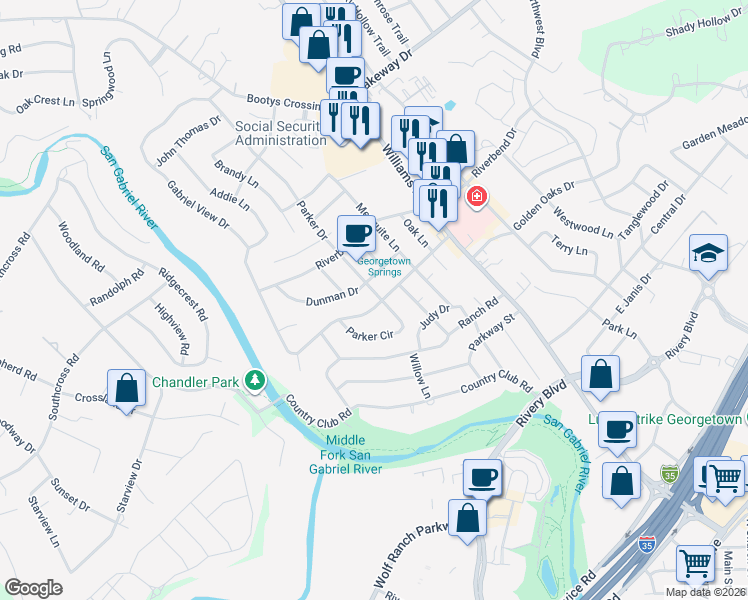 map of restaurants, bars, coffee shops, grocery stores, and more near 2404 Parker Circle in Georgetown