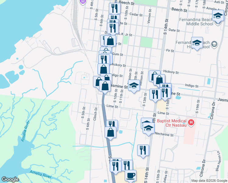 map of restaurants, bars, coffee shops, grocery stores, and more near 1019 South 10th Street in Fernandina Beach
