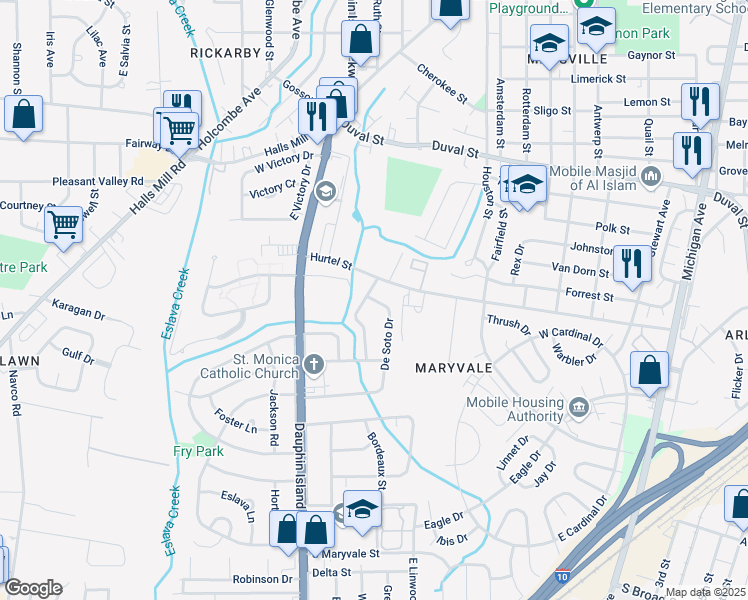 map of restaurants, bars, coffee shops, grocery stores, and more near 1101 De Soto Dr in Mobile