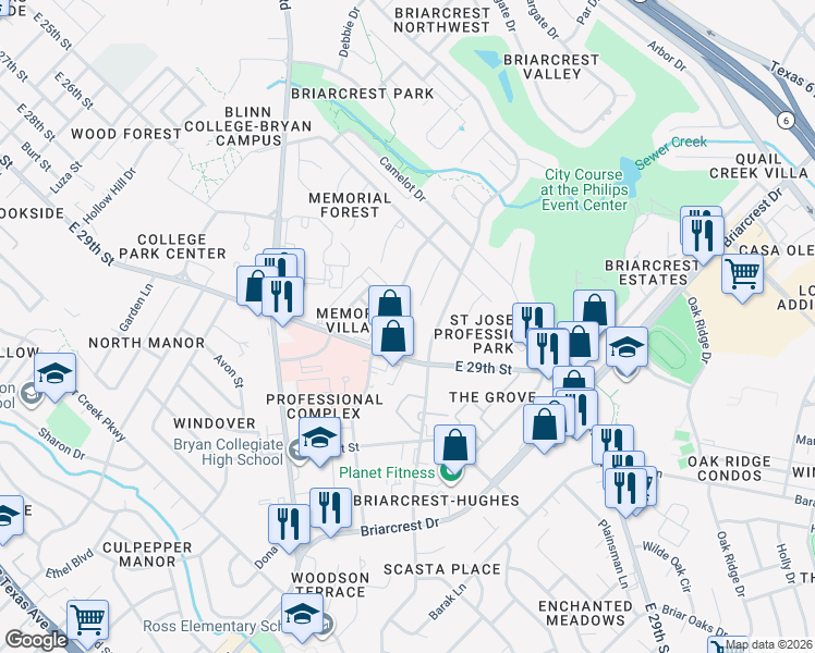 map of restaurants, bars, coffee shops, grocery stores, and more near 2405 Broadmoor Drive in Bryan