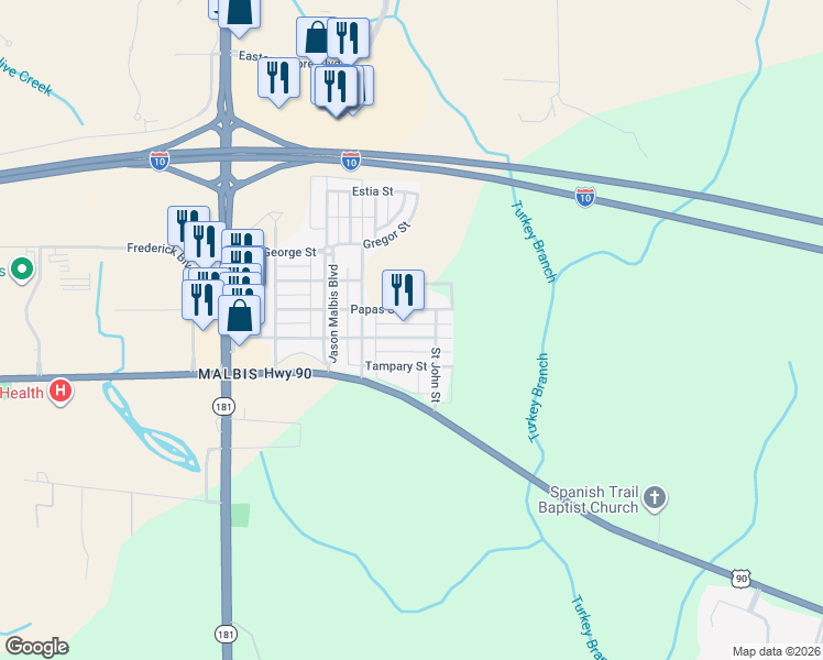 map of restaurants, bars, coffee shops, grocery stores, and more near 10420 Emmanuel Street in Daphne