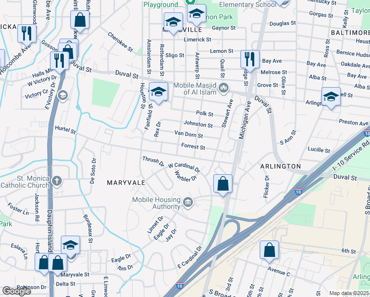 map of restaurants, bars, coffee shops, grocery stores, and more near 1609 Forrest Street in Mobile