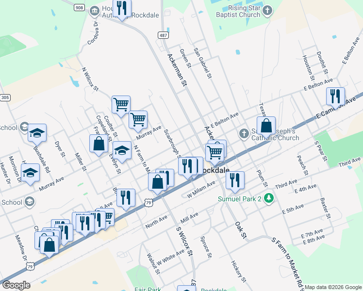 map of restaurants, bars, coffee shops, grocery stores, and more near 422 County Road 305 in Rockdale