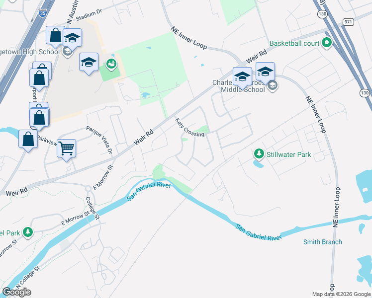 map of restaurants, bars, coffee shops, grocery stores, and more near 133 River Park Lane in Georgetown