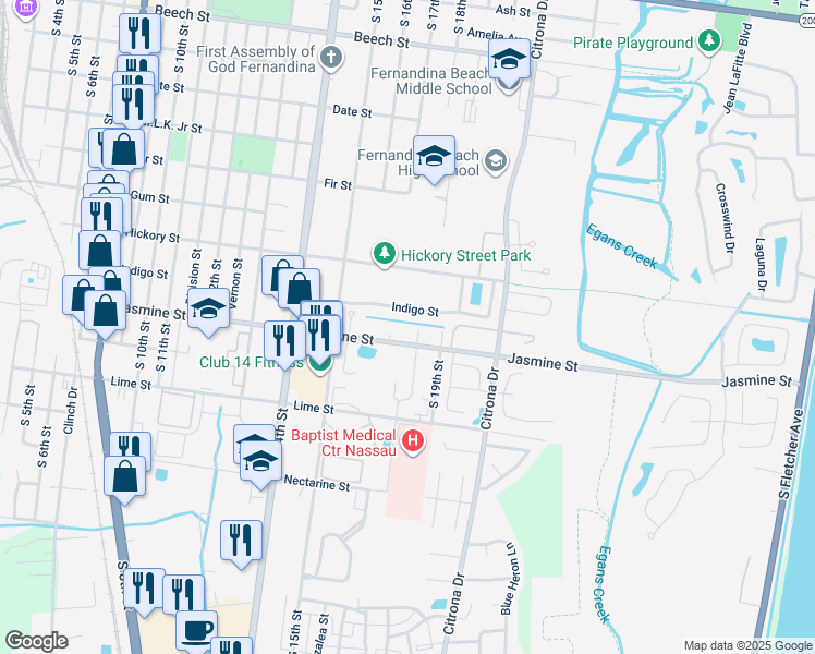map of restaurants, bars, coffee shops, grocery stores, and more near 933 South 18th Street in Fernandina Beach