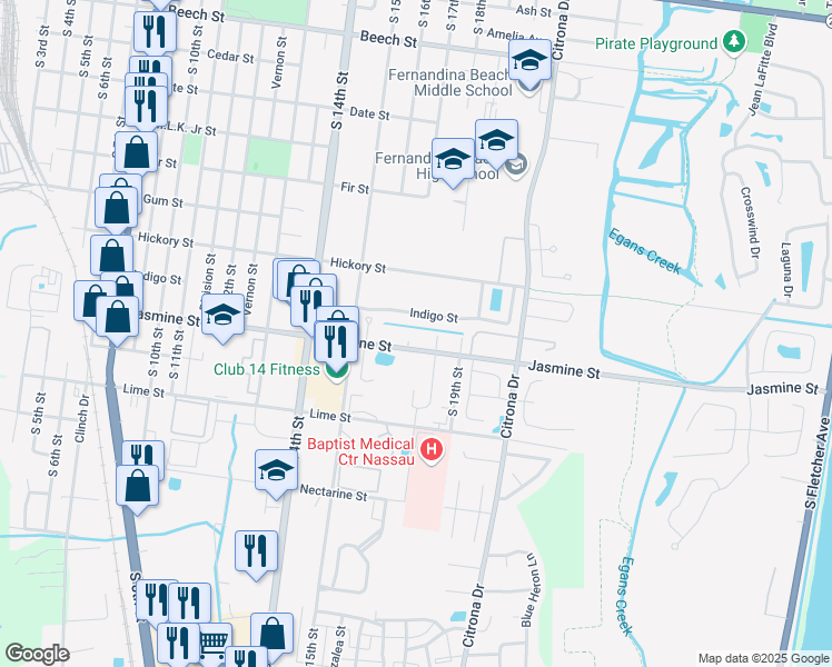 map of restaurants, bars, coffee shops, grocery stores, and more near 933 South 18th Street in Fernandina Beach