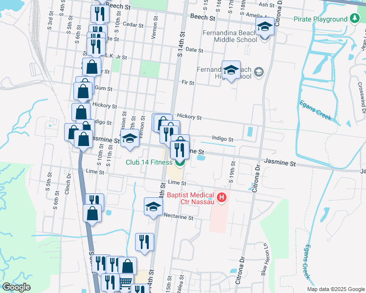 map of restaurants, bars, coffee shops, grocery stores, and more near 1011 Isle Of Palms Lane in Fernandina Beach