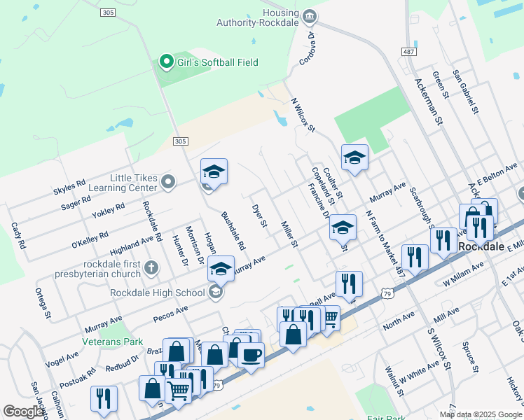 map of restaurants, bars, coffee shops, grocery stores, and more near 715 Dyer Street in Rockdale