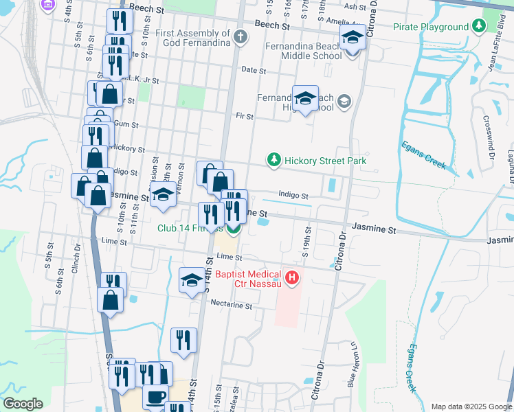 map of restaurants, bars, coffee shops, grocery stores, and more near 988 Chad Street in Fernandina Beach